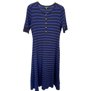 Lauren Ralph Lauren Sz L Short Sleeve Waffle Knit Henley Midi Dress Blue Stripe